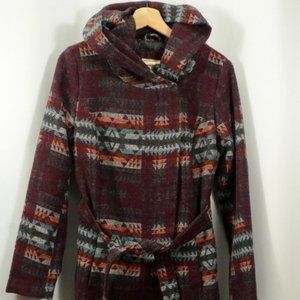 Women's Printed Hooded Pea Jacket with Belt